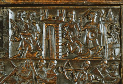 Truhla Courtrai zobrazující vlámské pěšáky porážející francouzskou jízdu (dřevo) (detail) od Flemish School