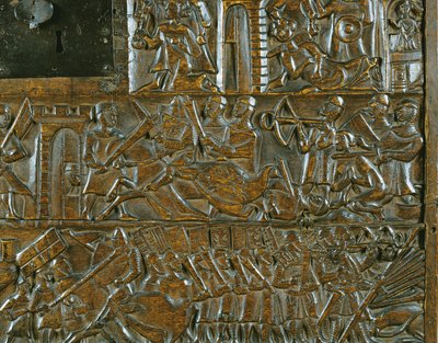 Truhla Courtrai zobrazující povstání v Bruggách 18. května během bitvy o Zlaté ostruhy bojované v Courtrai v roce 1302 (dřevo) (detail) od Flemish School