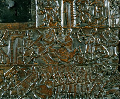 Truhla Courtrai zobrazující dvě scény z bitvy o Zlaté ostruhy vybojované v Courtrai v roce 1302 (dřevo) (detail) od Flemish School