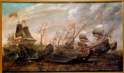 Námořní bitva Invincible Armada, která viděla porážku španělské Armady proti anglické flotile v srpnu 1588, vlámská škola od Flemish School