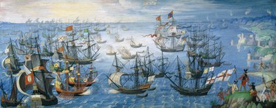 Vypuštění anglických hasičských lodí na španělskou flotilu u Calais s královnou Alžbětou I. (1533-1603) na koni na břehu v noci 7. srpna 1588, kolem roku 1605 (kvaš na pergamenu zvýšený o od Flemish School