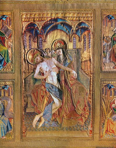 Trůn milosrdenství, kmotr drží syna na kolenouAltar antependium z burgundského mešního roucha... (výšivka na plátně, zlatá a stříbrná nit, hedvábí, samet, perly, sklo) od Flemish School