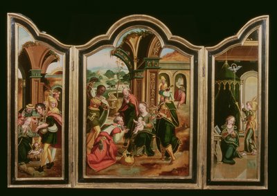 Triptych: Klanění tří králů (ústřední panel), Zvěstování (panel vlevo), Klanění pastýřů (panel vpravo) od Flemish School
