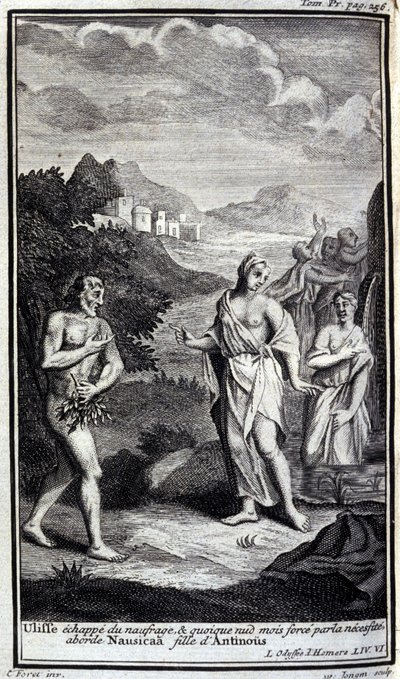 Ulysses uteče z vraku lodi a ačkoli nahý, ale z nutnosti se přiblíží Nausicaa, dcera Antinoose (Antinoos). Ilustrace ke knize VI Odyssea z Homere, v Odyssee, vydané v Amsterdamu v roce 1731, Milán. od Flemish School