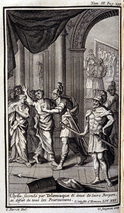 Ulysses druhý od Telemaque a dva jejich pastýři rozpustili všechny pronásledovatele. Lustrace pro XXII knihu Odyssea z Homera, v Odyssee, vydané v Amsterdamu v roce 1731, Collection privee Milan. od Flemish School