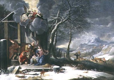 Zimní krajina s narozením (olej na plátně) od Flemish School
