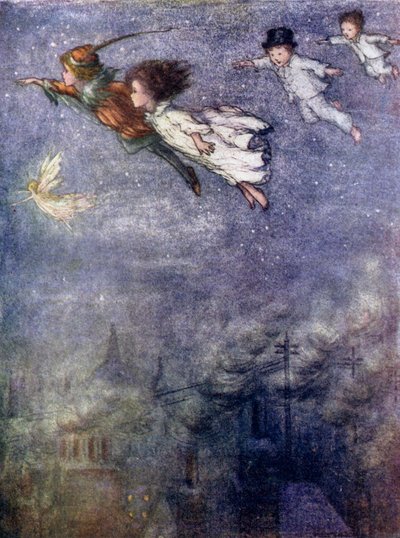 Petr a děti letí nocí (barevná litografie) od Flora White