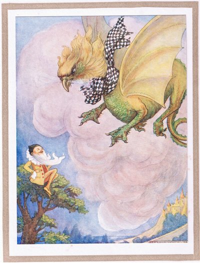 Gryf uviděl žlutého mužíčka sedícího na vrcholku stromu (barevná litografie). od Flora White