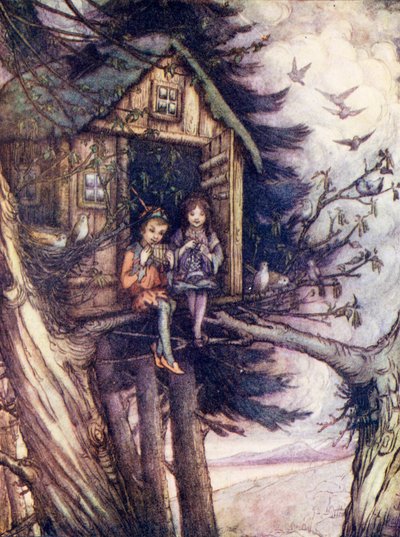 Vrcholky stromů, kde Wendy a Petr šťastně žili (barevná litografie) od Flora White
