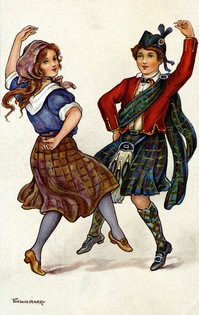 Pár tančí v tradičním skotském kroji. Chromolitografie Florence Hardy od Florence Hardy