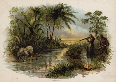Scéna ze švýcarské rodiny Robinson: lov lva (chromolitho) od Florence Maplestone