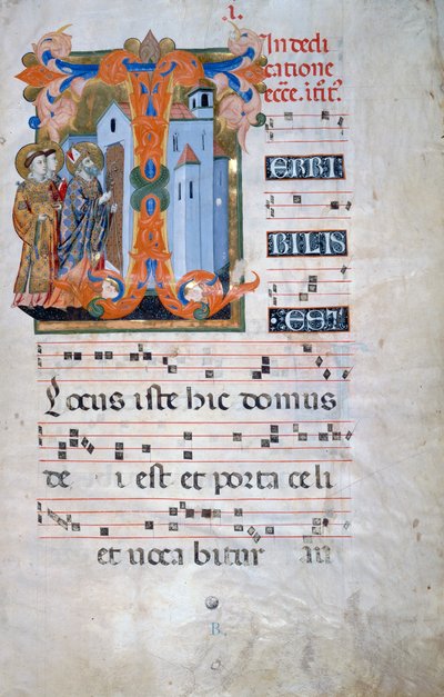 Iluminovaná iniciála s biskupem žehnajícím kostelu (Corale 2, c. 1), pro sborovou knihu 2 Santa Maria degli Angeli od Florentine School