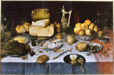 Nizozemština: Zátiší s ovocem, sýrem, chlebem a vínem Prostřený stůl se sýrem a ovocem od Floris van Dyck