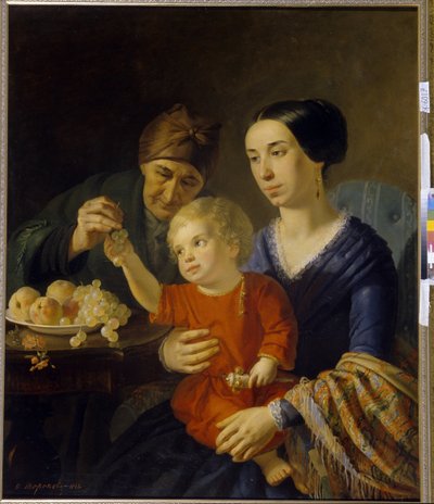 Rodinný portrét. Dítě držící chrastítko na klíně své matky dostává od babičky hrozny. Obraz Foma Gavrilovič Toropov (1821-1898), olej na plátně od Foma Gavrilovich Toropov