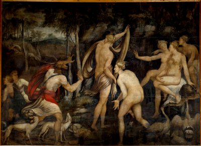 Diane (Artemis), bohyně lovu, a Acteon, lovec Obraz školy ve Fontainebleau (16. století). Rozměr 2,65 x 3,67 m od Fontainebleau School