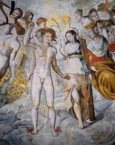 Merkur, posel bohů a Psyché, Janus vpravo, fresky v pozlacené věži Ligue, škola Fontainebleau, hrad Tanlay (16.-17. století), Burgundsko, Francie od Fontainebleau School