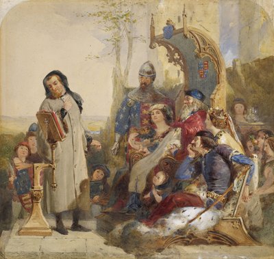 Chaucer na dvoře Eduarda III. - akvarelová verze od Ford Madox Brown