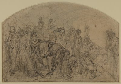 První hrubý náčrt „práce“ (kompoziční náčrt figur) od Ford Madox Brown