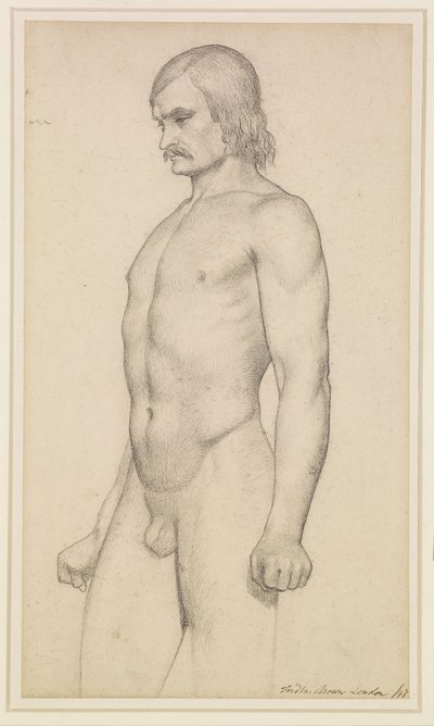 Mužský akt - akademická studie, tříčtvrteční akt, s knírem a zaťatými pěstmi od Ford Madox Brown