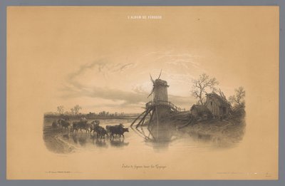 Mlýn s lidmi a zvířaty brodícími se vodou Studie postav v krajině (název série) Album Ferogio. Etudes de Figures dans les Paysages (název série na objektu) od Fortuné Ferogio