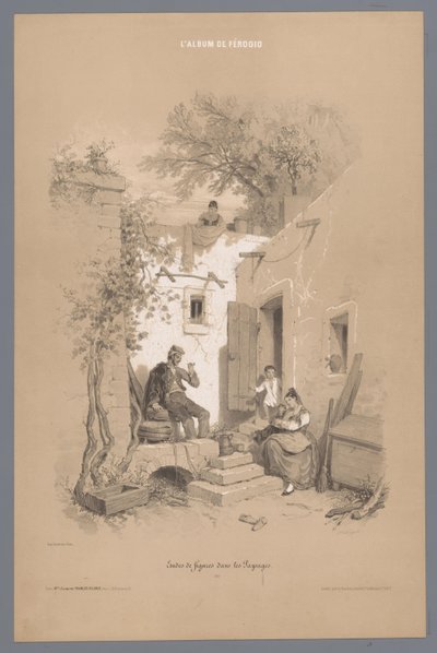 Rodiče s dětmi v jejich vesnickém domě Studie postav v krajině (název série) Album Ferogio. Etudes de Figures dans les Paysages (název série na objektu) od Fortuné Ferogio