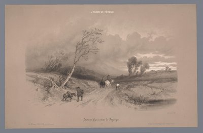 Cestující na venkovské silnici v bouřlivém počasí Studie postav v krajině (název série) Album Ferogio. Etudes de Figures dans les Paysages (název série na objektu) od Fortuné Ferogio