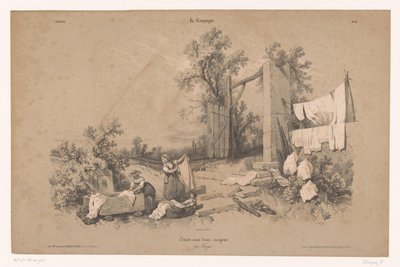 Dvě ženy a dítě perou prádlo pod širým nebem Studie venkovských scén se dvěma druhy křídy (název série) La kampaň. Etude aux deux pastelky, par Férogio (název série na předmětu) od Fortuné Ferogio