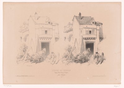 Řidič kamionu s koněm a kočárem odpočívá u brány Kurz kreslení se studiemi krajiny, zvířat a detailů (název série) Samozřejmě design. Paysages, figurky, animaux, doplňky, od Férogia (název série na objektu) od Fortuné Ferogio