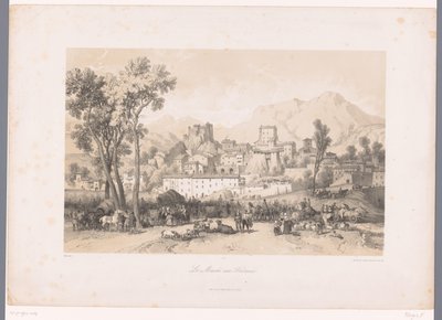 Pohled na vesnici s trhem se zvířaty v údolí Le Marché aux Bestiaux (název na objektu) od Fortuné Ferogio