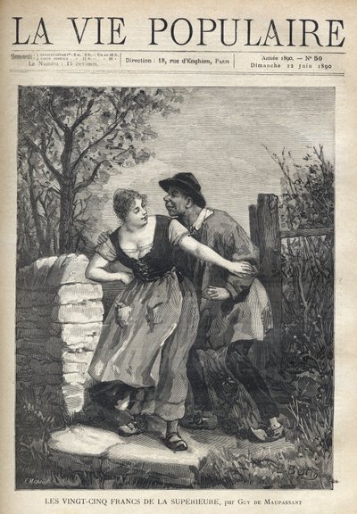 Pár rolníků, muž v blůze a kopytě, skočilo mladé ženě, která ho odstrčila, s úsměvem a lehkostí. Ilustrace E. Bertina pro Les dvacet pět franků de la superieure od Guye de Maupassanta (1850-1893). Rytina od Fortune Meaulle (184 od Fortune Louis Meaulle