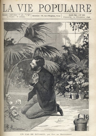 Zoufalý muž se modlí na kolenou ve skleníku. Ilustrace F. Meaulle po B. Borione pro „Případ rozvodu“ od Guye de Maupassanta (1850-1893). Rytina z roku 1890 v „La vie populaire““. Soukromá sbírka od Fortune Louis Meaulle