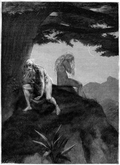 Adam a Eva. Kresba hrobů od Meaulla, ilustrující báseň Victora Huga "Les misheureux", ve sbírce "Les contemplations", edice Paul Ollendorff, počátek 20. století. od Fortune Louis Meaulle