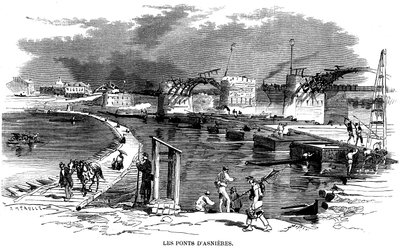 Po požáru mostu v Asnieres během obléhání Paříže v roce 1870 byl instalován lodní most - na této Meaullově rytině (kolem roku 1870) je vedle mostu detruit další dřevěná konstrukce - Commune de Paris -. od Fortune Louis Meaulle