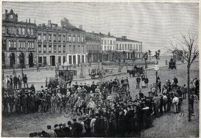 Odjezd z cyklistického závodu Bordeaux-Paris (Bordeaux Paris) v roce 1891 - rytina Meaulla z roku 1891 od Fortune Louis Meaulle