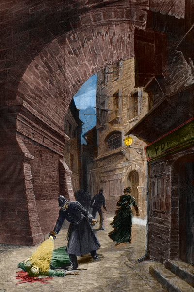 Objev oběti Jacka Rozparovače, Whitechapel, Londýn od Fortune Louis Meaulle