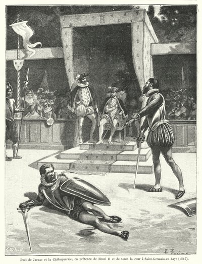 Duel mezi Guy Cabot de Jarnac a Francois de Vivonne, Seigneur de la Chataigneraie před francouzským králem Jindřichem II a celým jeho dvorem v St Germain-en-Laye od Fortune Louis Meaulle