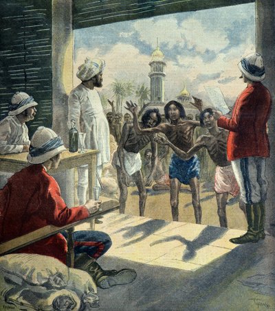 Hindové přicházejí k Angličanům pro pomoc během velkého hladomoru v letech 1896-1897 (rytina) od Fortune Louis Meaulle