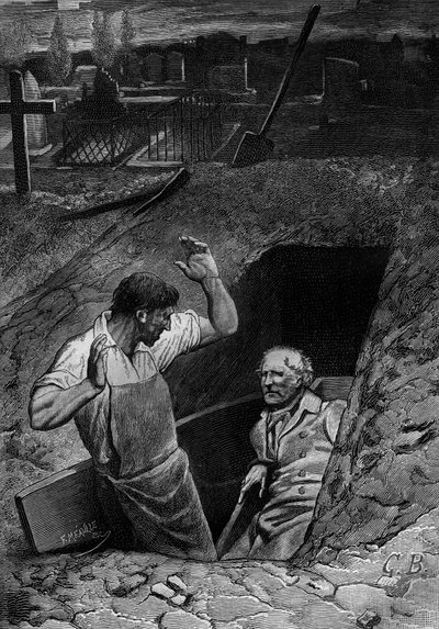 Ilustrace k románu Victora Huga "Bídníci" (2. díl: Cosetta), rytina Meaulle: Fauchelevent a Jean Valjean od Fortune Louis Meaulle
