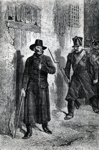 Javert pronásleduje Valjeana, ilustrace z „Les Miserables“ od Victora Huga, vydal J. Hetzel, 1865 (dřevoryt) od Fortune Louis Meaulle