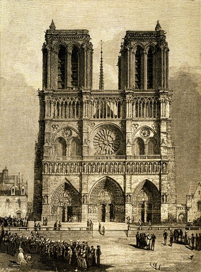 Notre Dame de Paris (Notre-Dame) v roce 1482: západní průčelí a parvíz. Rytina F. Meaulla podle kresby Viollet le Duc (Viollet-le-Duc) ilustrující stejnojmenný román Victora Huga, edice Ollendorff počátek 20. století. Vlevo dole, od Fortune Louis Meaulle