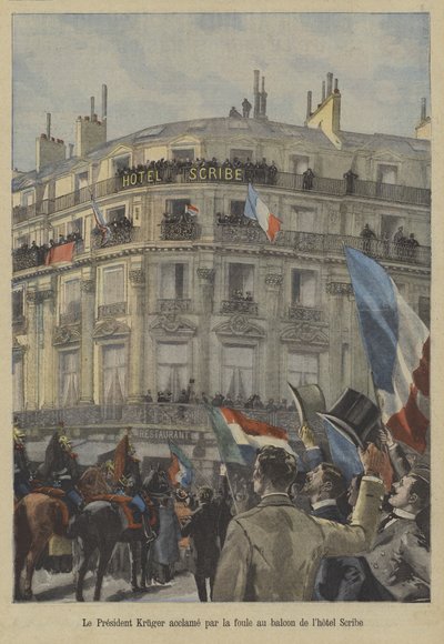 Paul Kruger, bývalý prezident Transvaalu, na balkoně hotelu Scribe v Paříži, přijímající uznání davu od Fortune Louis Meaulle