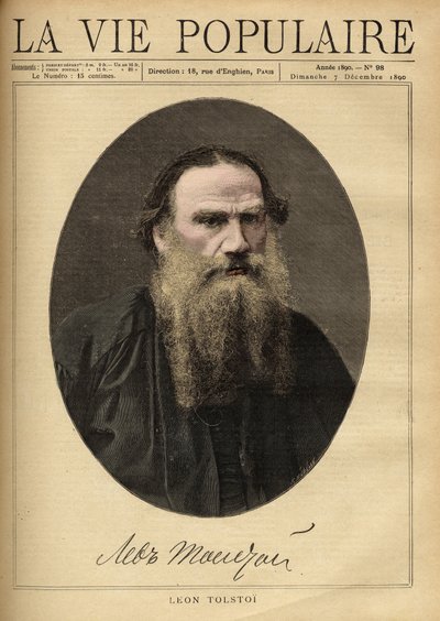 Portrét Leona Tolstého (1828-1910), ruského spisovatele. Ilustrace F. Meaulle. Rytina z roku 1890 v „La vie populaire““. Soukromá sbírka od Fortune Louis Meaulle
