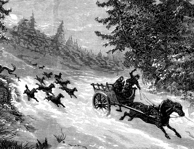Strach z vlka: Smečka vlků pronásleduje v ardenském lese vůz se třemi lidmi tažený koněm, který ujíždí ve sněhu - Meaullova rytina v "The Illustrous Universe" č. 918, leden 1872 -. od Fortune Louis Meaulle