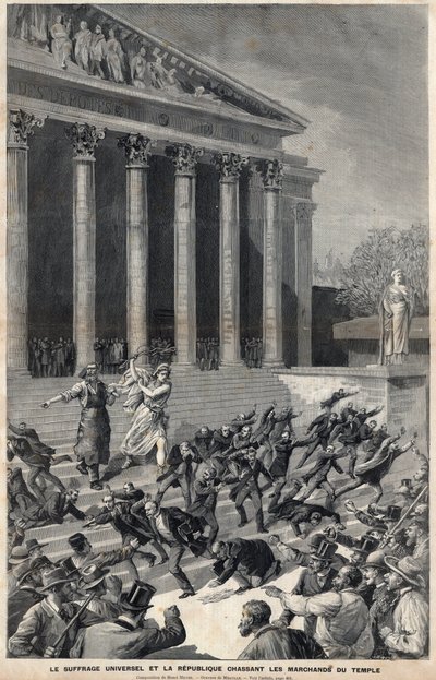 Všeobecné volební právo a republika honí obchodníky z chrámu - alegorie na následky aféry v Panamě - rytina od Meaulle od Henriho Meyera od Fortune Louis Meaulle