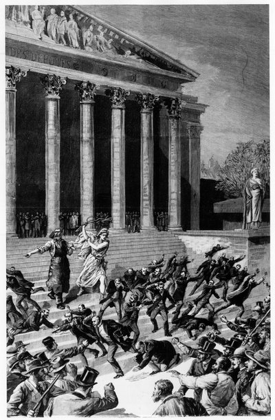 Všeobecné volební právo a republika vyhánějící obchodníky z chrámu – v „“Le Journal illustré””” z 25. 12. 1892, kompozice Henri Meyer, rytina Meaulle. od Fortune Louis Meaulle