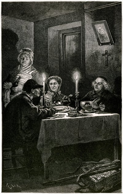 Victor Hugo "Les Miserables" Ilustrace Lixe vyrytá Meaullem: Forcat a Eveque. Jean Valjean, jemuž eveque Myriel nabídne nemocnici, spáchá svůj poslední úlet: stříbrný příbor svého hostitele. Na stole dva stříbrné svícny. od Fortune Louis Meaulle