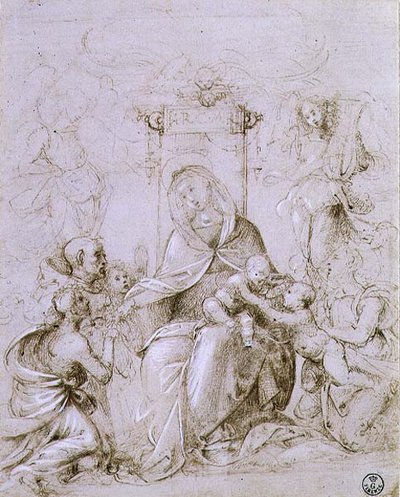 Madona s dítětem na trůnu se sv. Janem Křtitelem v podání anděla a sv. Moniky (pero a inkoust na papíře) od Fra Bartolomeo