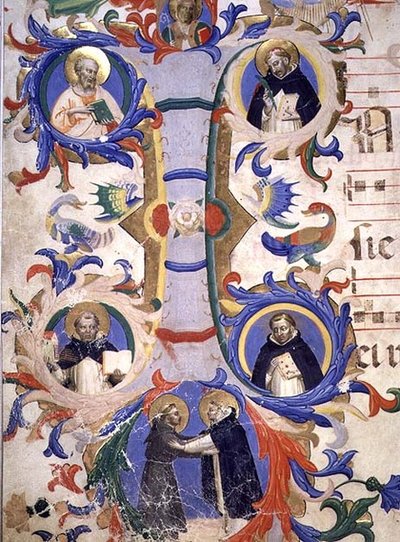 Ms 558 f.67v Historická iniciála „I“ zobrazující (ve směru hodinových ručiček) SS. Augustine, Ambrose, Peter Mučedník, Řehoř a Jeroným, detail z misálu, začátek 30. let 14. století (vellum) (detail 88937) od Fra (c.1387 1455) Angelico