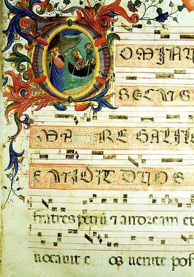 Ms 558 f.9r Historická iniciála „O“ zobrazující Povolání svatého Petra a svatého Ondřeje s notovým zápisem, detail stránky z misálu, začátek 30. let 14. století (vellum) (podrobnosti viz 78833 a 88929) od Fra (c.1387 1455) Angelico