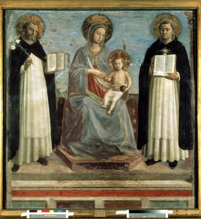 "Madona a dítě obklopené svatým Dominikem de Guzman (1170-1221), zakladatelem dominikánského řádu a svatým Tomášem Akvinským (1225-1274), učitelem církve" (Panna a dítě se svatými Dominikem a Tomášem Akvinským) Distemper na dřevě jmelí od Fra (c.1387 1455) Angelico
